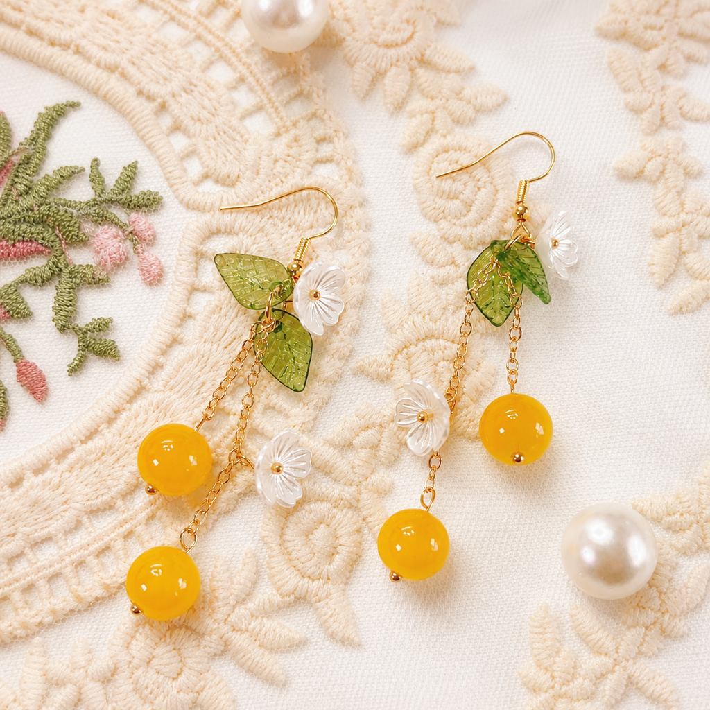Handmade Orange & Blueberry Fruit Flower Leaf Dangle Earring E227