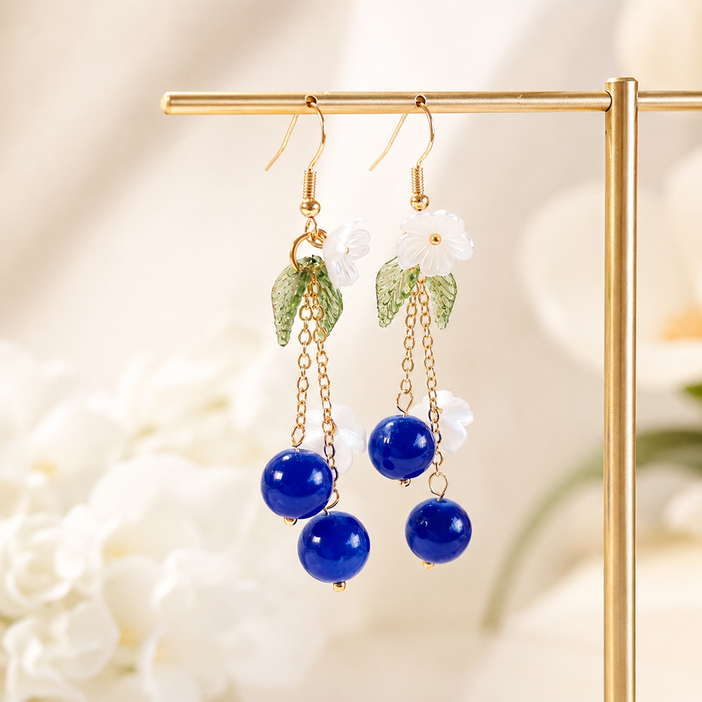 Handmade Orange & Blueberry Fruit Flower Leaf Dangle Earring E227