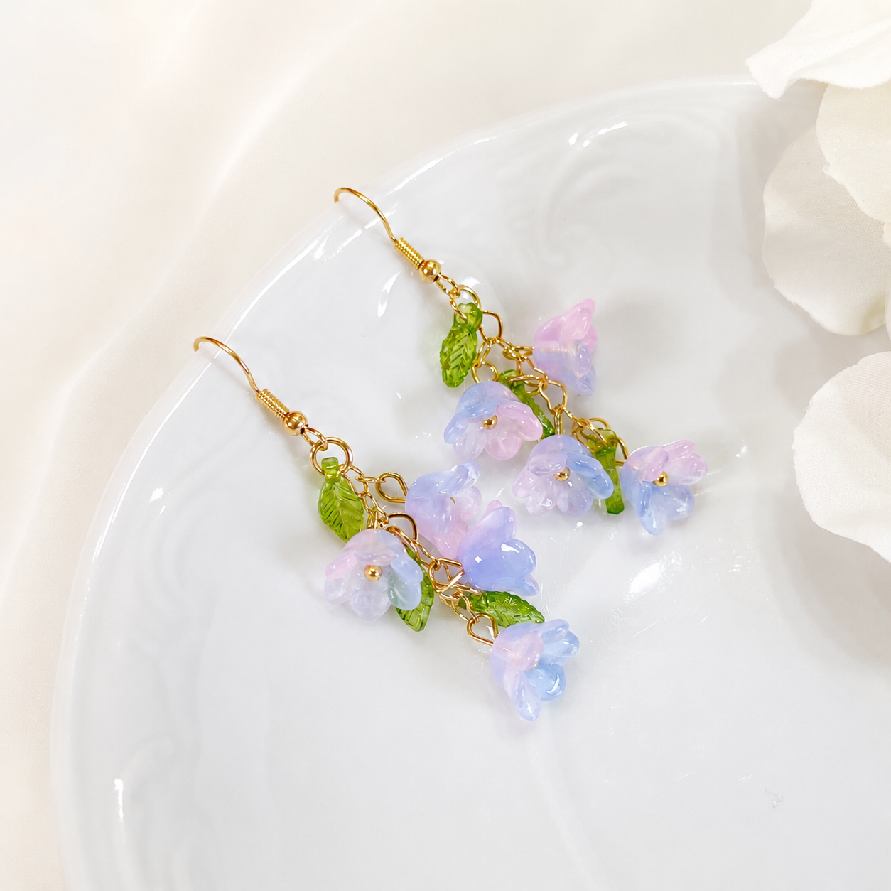 Blue lily of the valley flower dangle drop earrings E235
