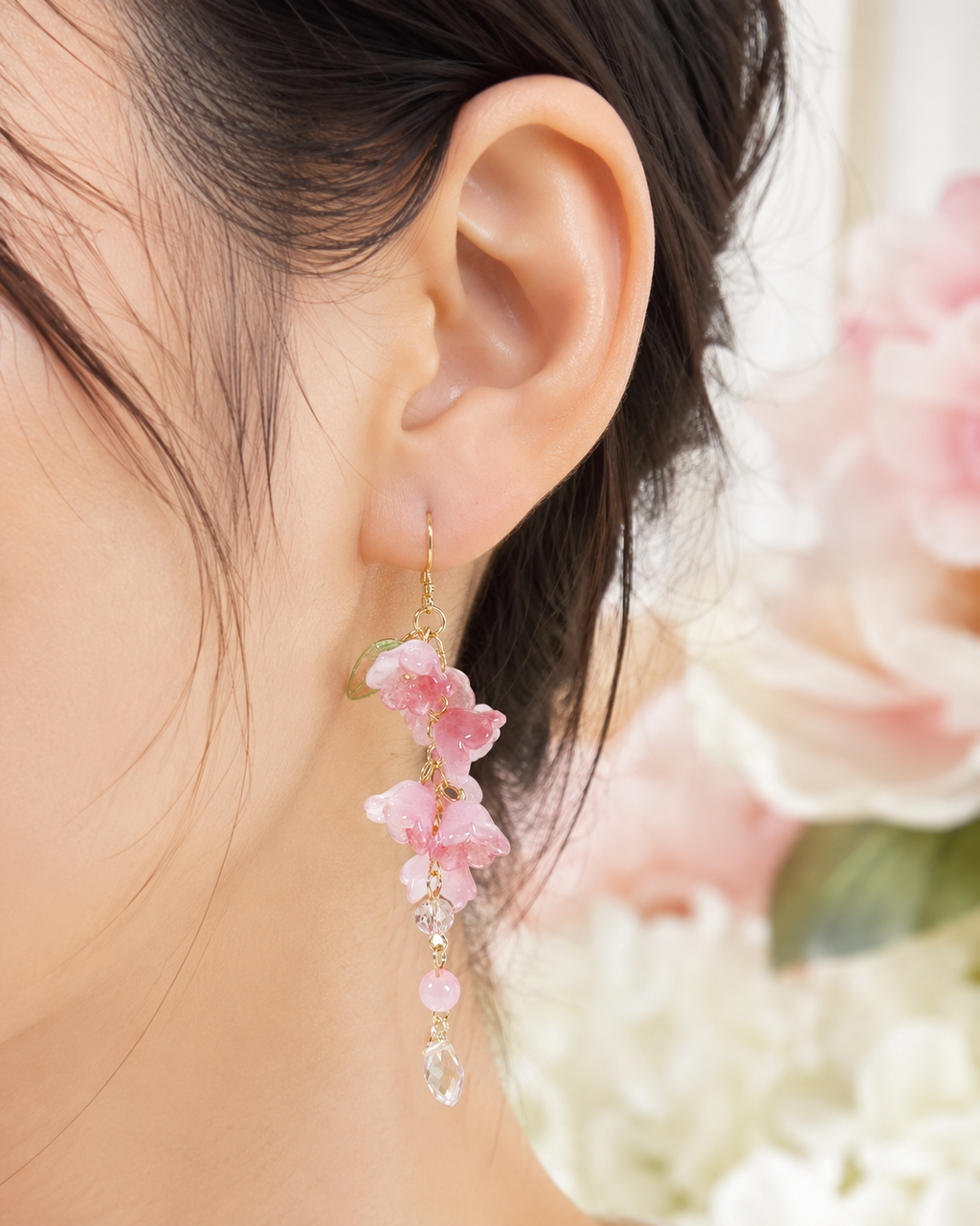 Handmade pink lily of the valley flower dangle drop earrings E236