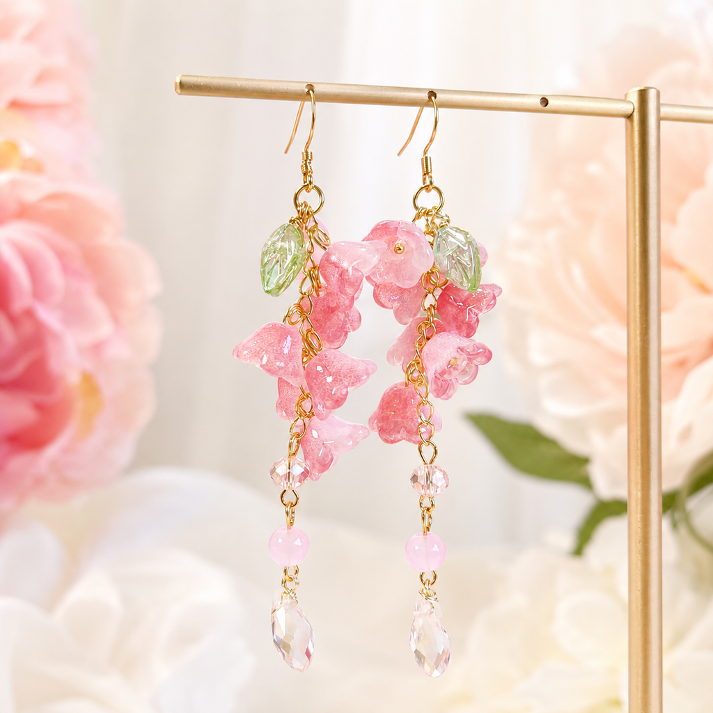 Handmade pink lily of the valley flower dangle drop earrings E236