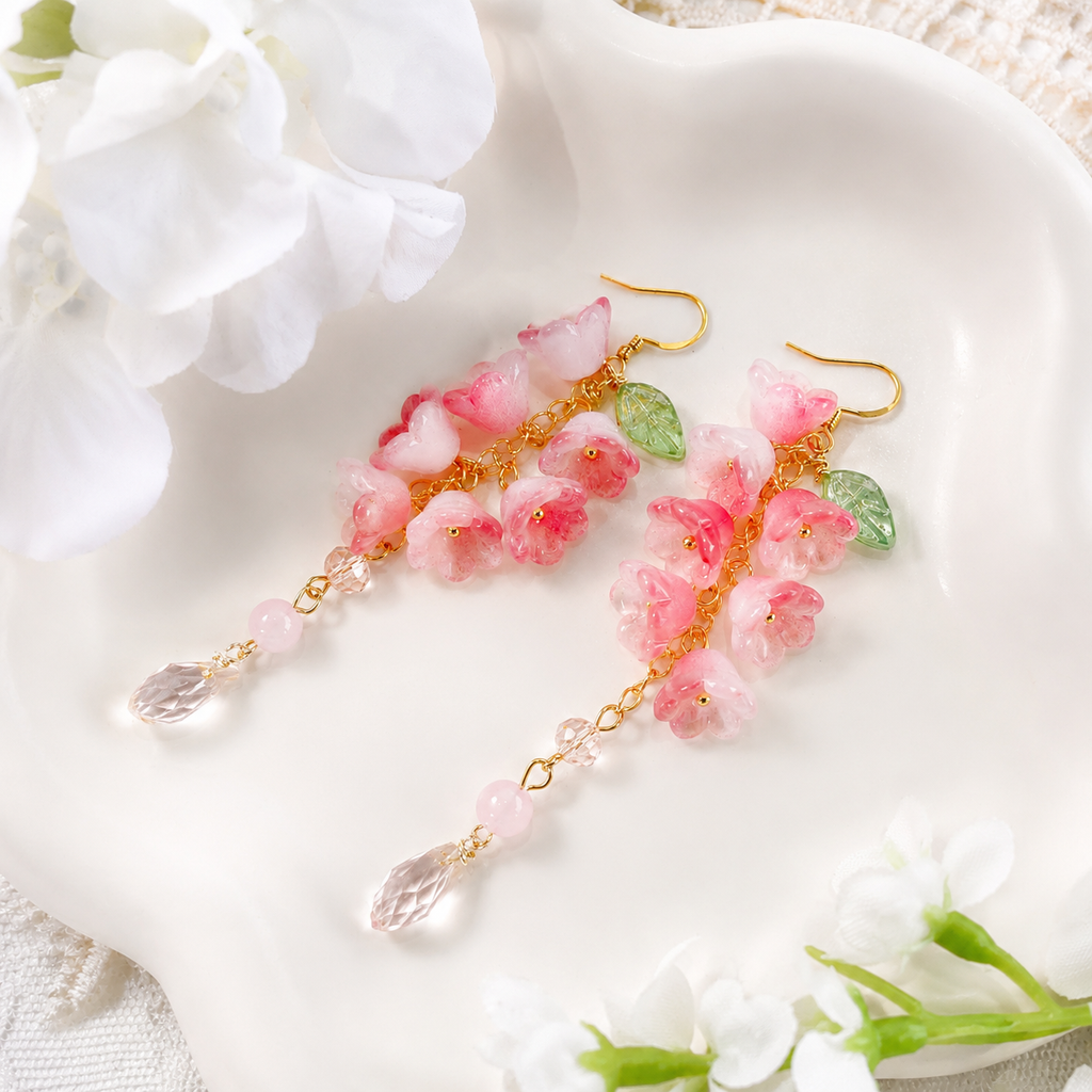 Handmade pink lily of the valley flower dangle drop earrings E236