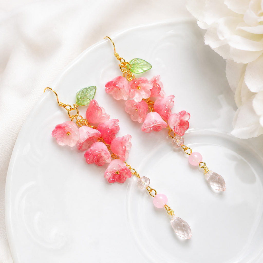 Handmade pink lily of the valley flower dangle drop earrings E236