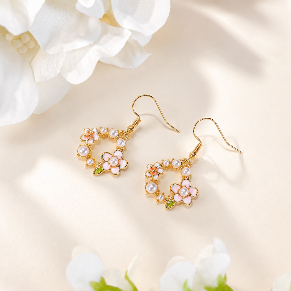 Gardem circle flower wreath dangle drop earrings E239