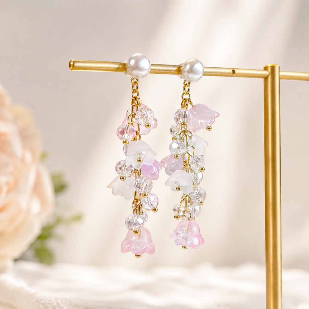 Pink & purple lily of the valley flower dangle earrings E241