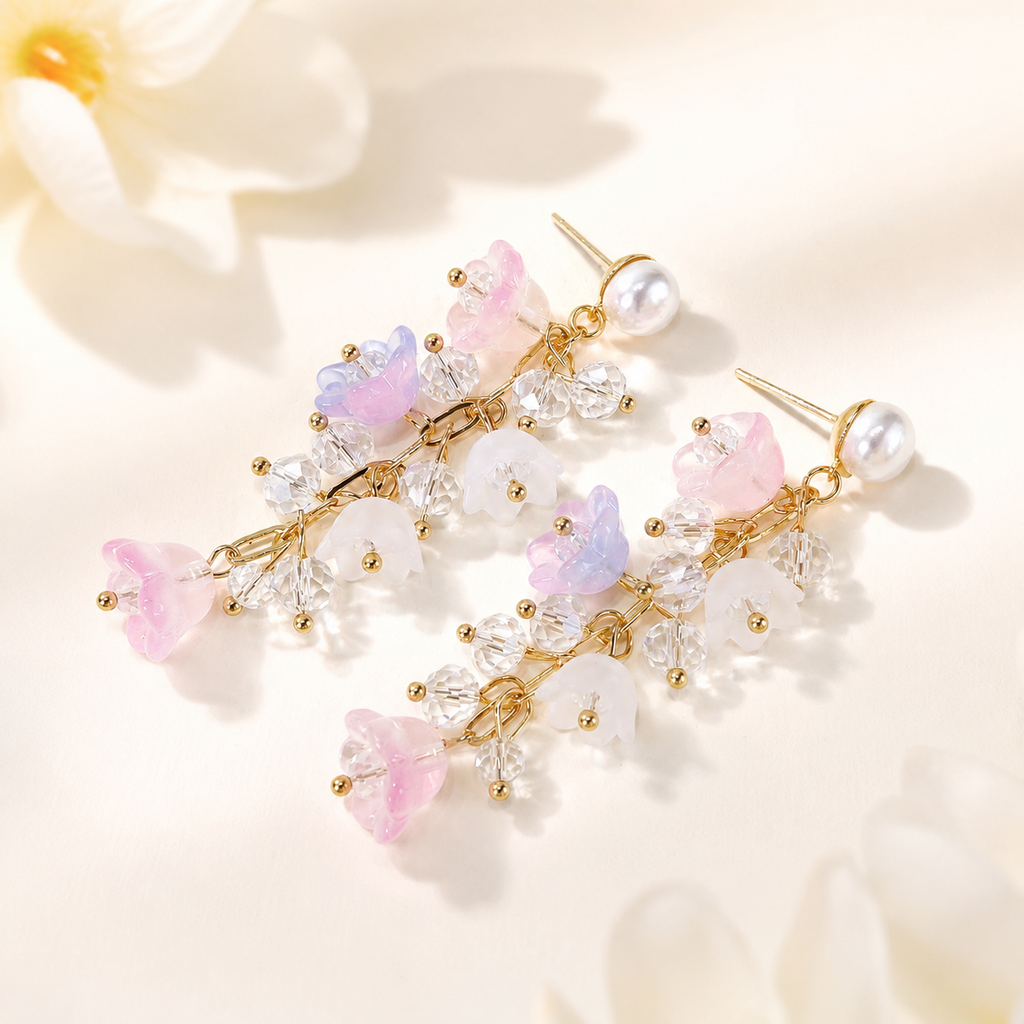 Pink & purple lily of the valley flower dangle earrings E241