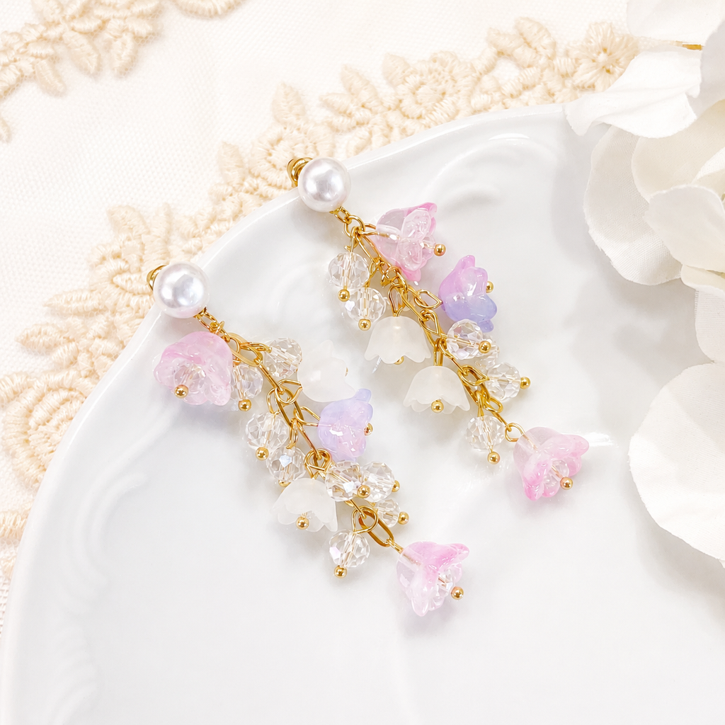 Pink & purple lily of the valley flower dangle earrings E241