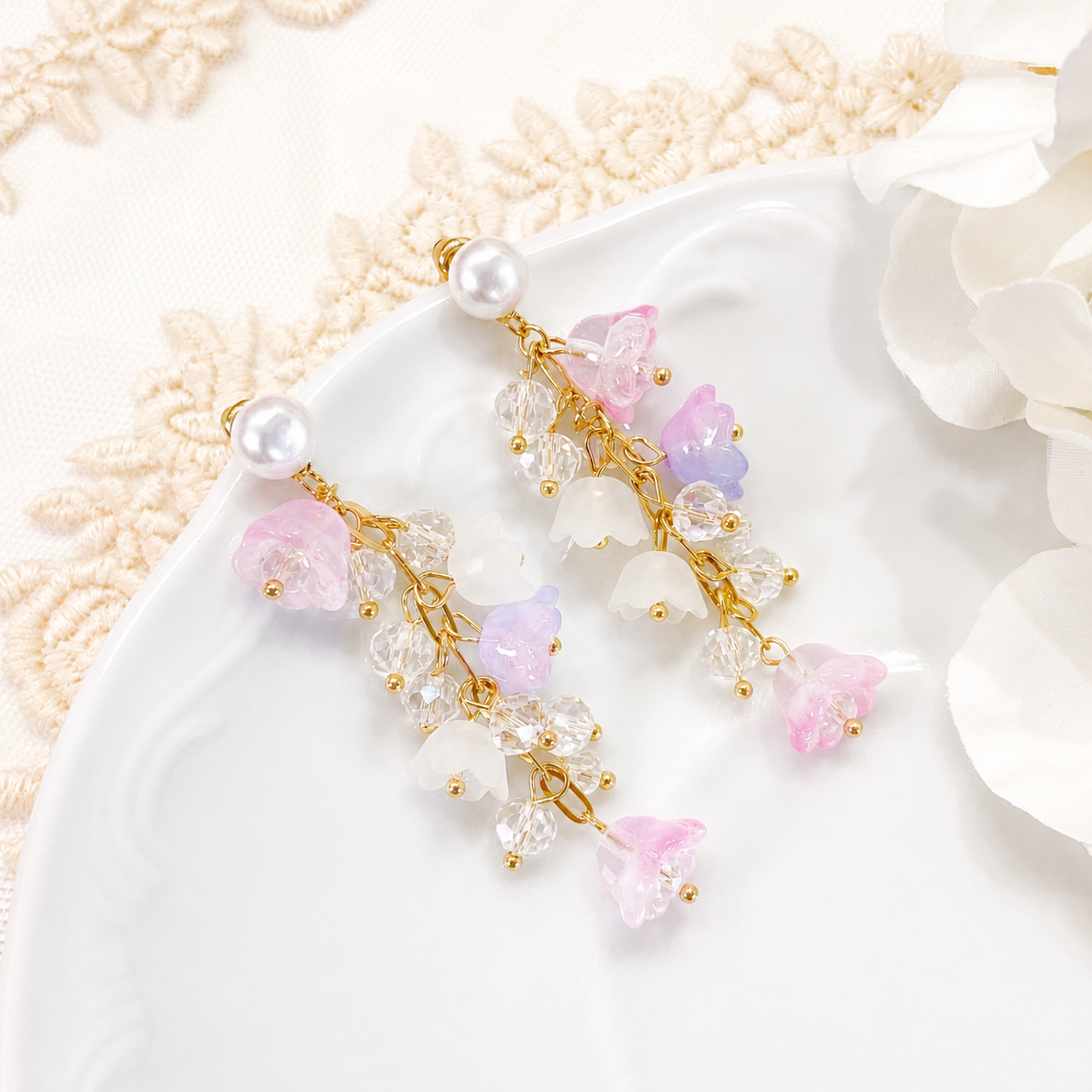 Pink & purple lily of the valley flower dangle earrings E241