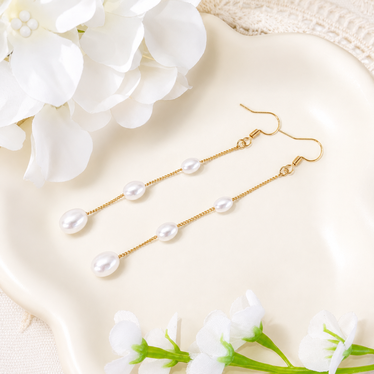 White pearl long dangle drop earrings E242