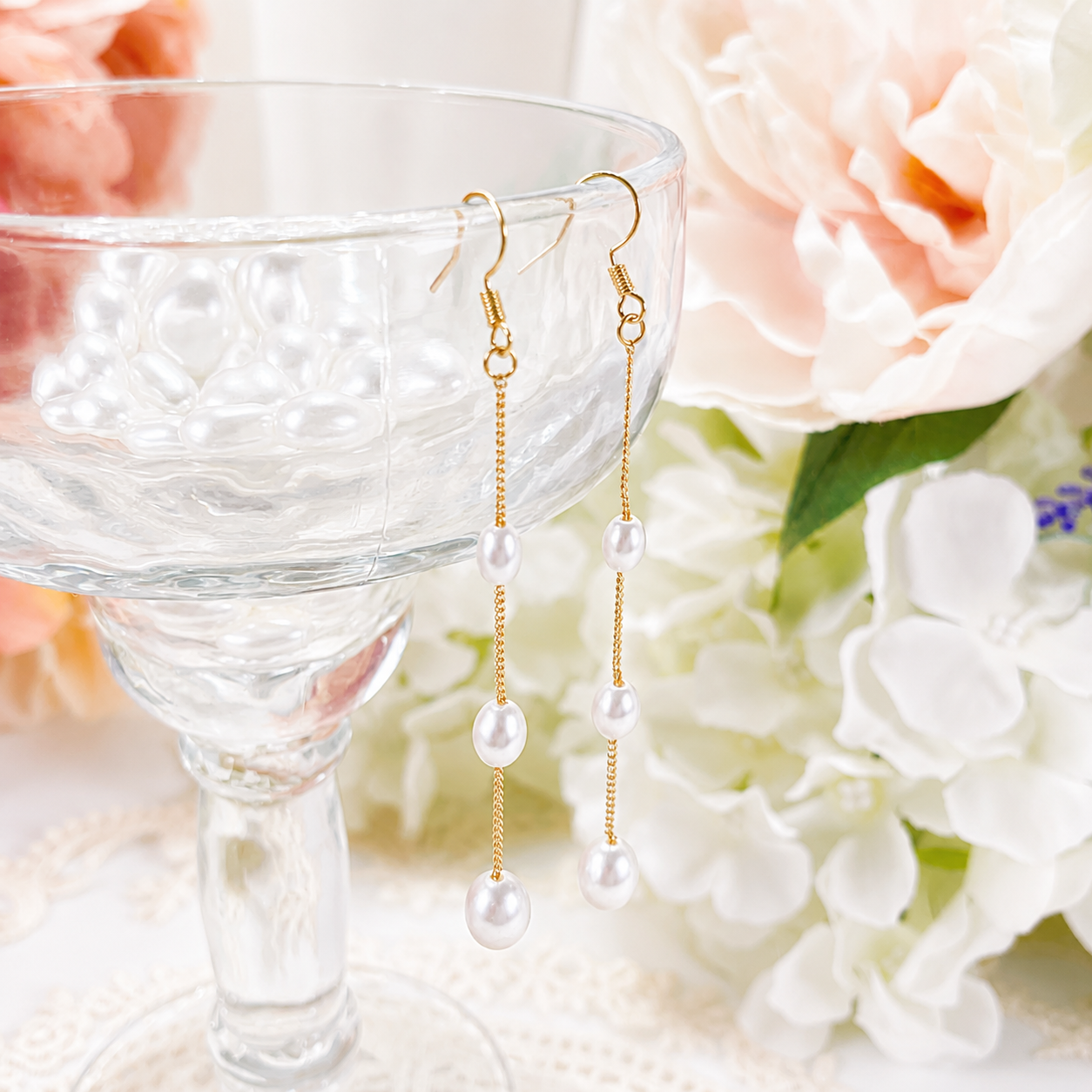 White pearl long dangle drop earrings E242