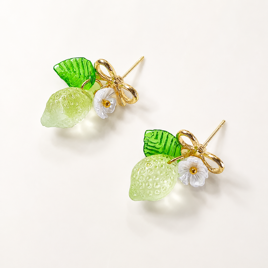 Resin clear green lime & flower dangle earrings E245