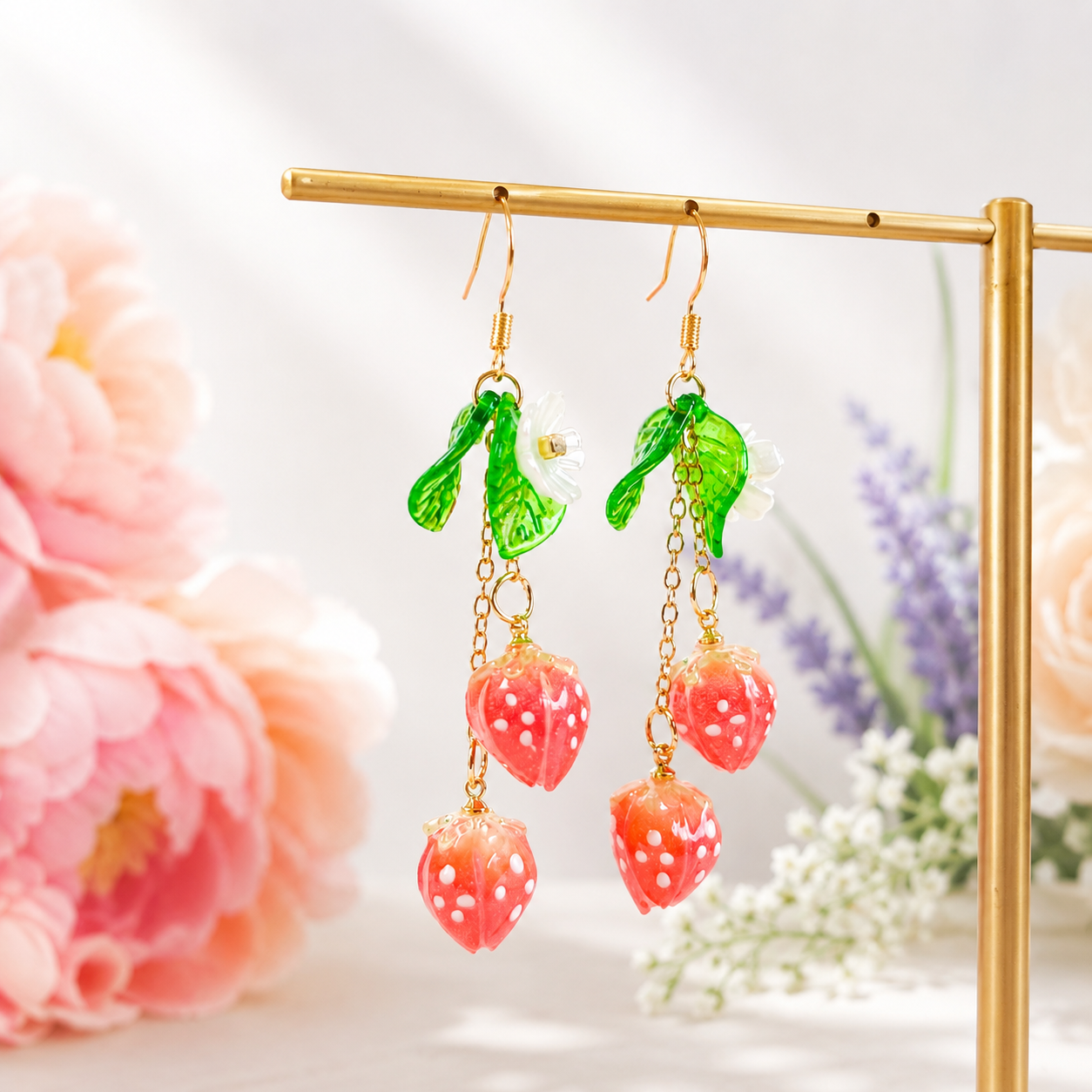 Duo strawberry & flower dangle drop earrings E246