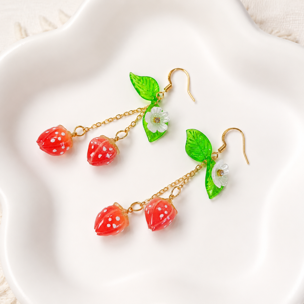 Duo strawberry & flower dangle drop earrings E246