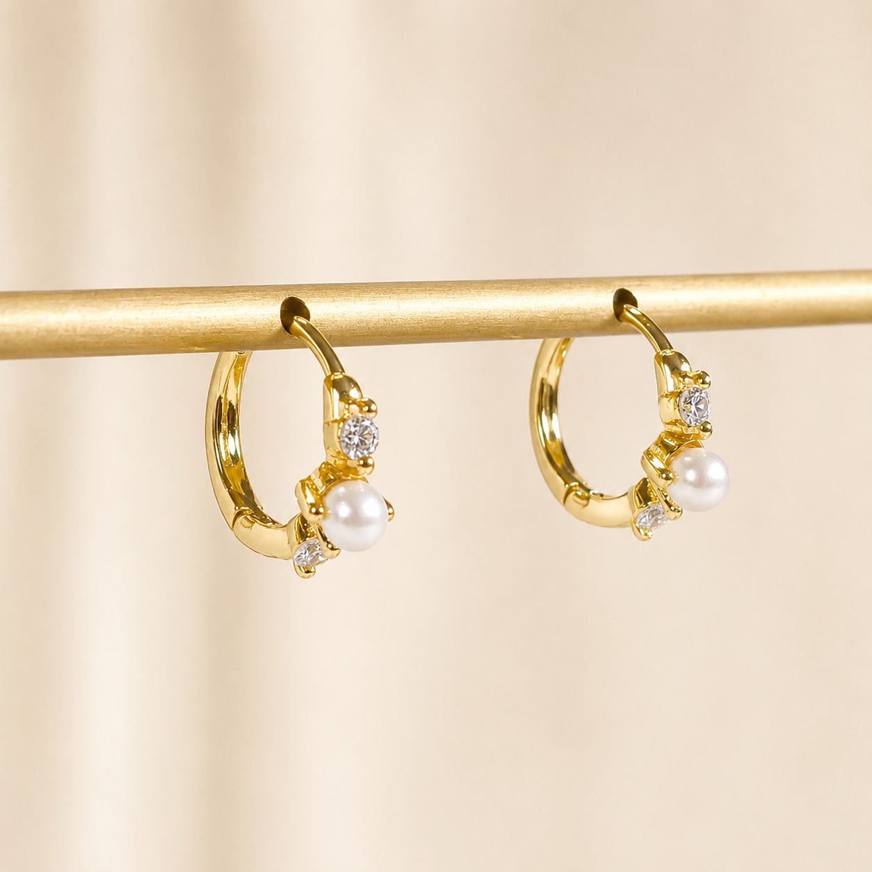 Dainty gold pearl cz huggie hoop earrings E250
