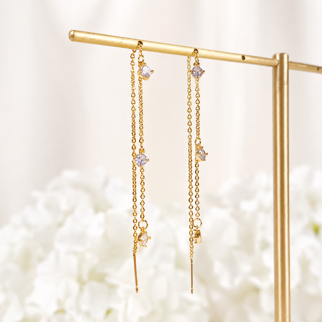 Gold CZ Chain Threader Dangle Earrings E252