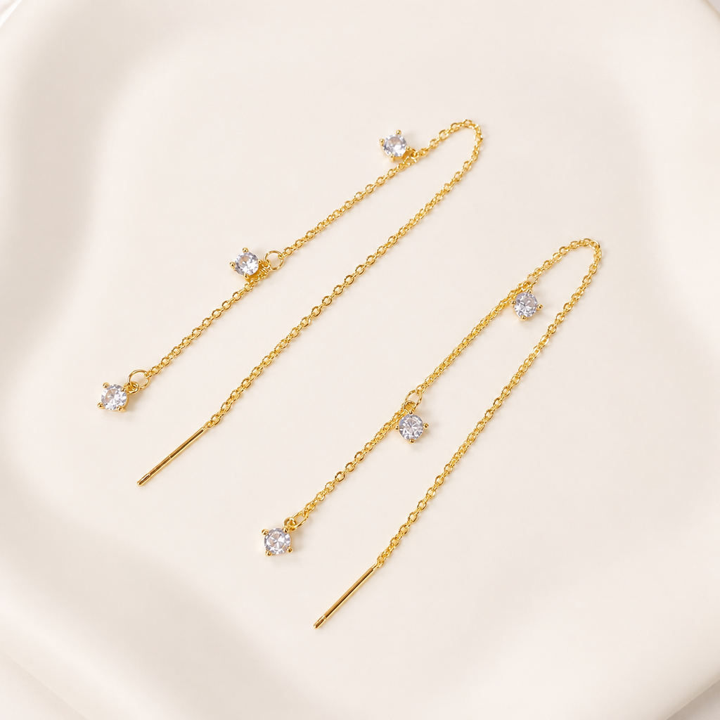 Gold CZ Chain Threader Dangle Earrings E252