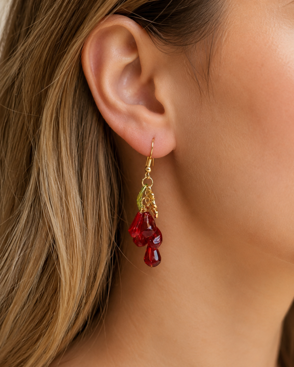 Pomegranate with white flower charm dangle earrings E259