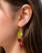 Duo Raspberry Fruit with Green Leaf dangle earrings E260