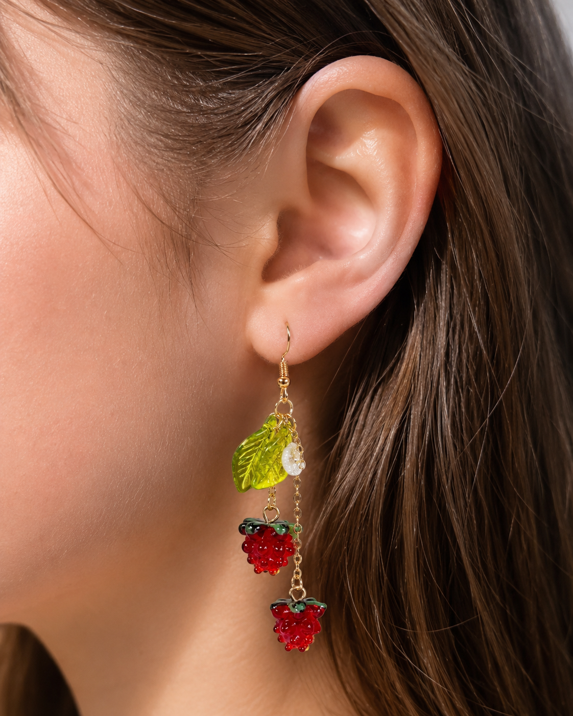 Duo Raspberry Fruit with Green Leaf dangle earrings E260