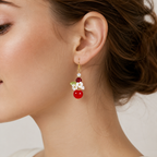 Red glass beads & flower dangle earrings E267