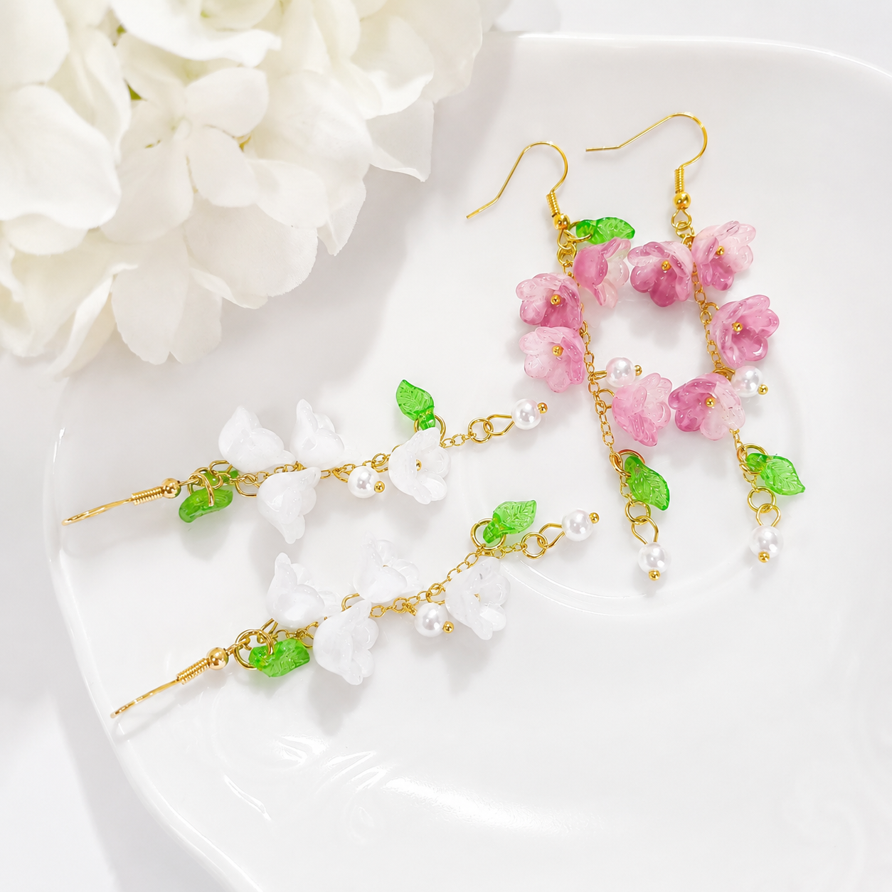 Purple & white lily of the valley dangle earrings E274