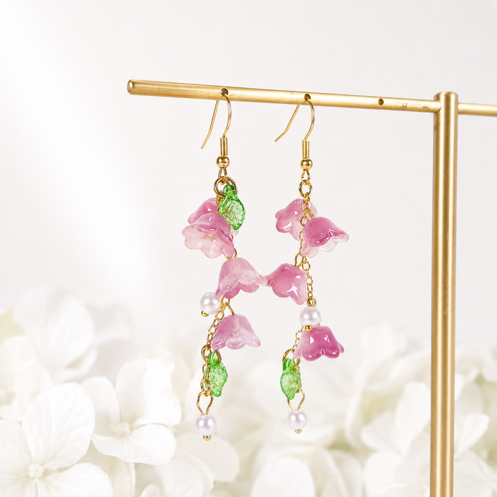 Purple & white lily of the valley dangle earrings E274