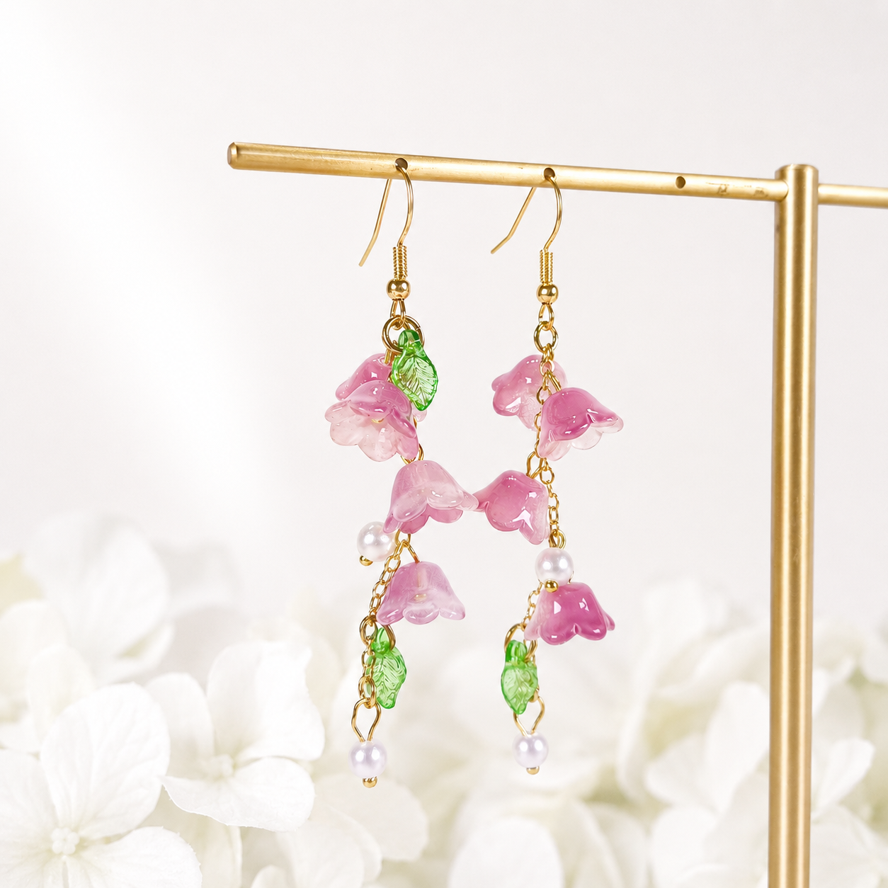 Purple & white lily of the valley dangle earrings E274