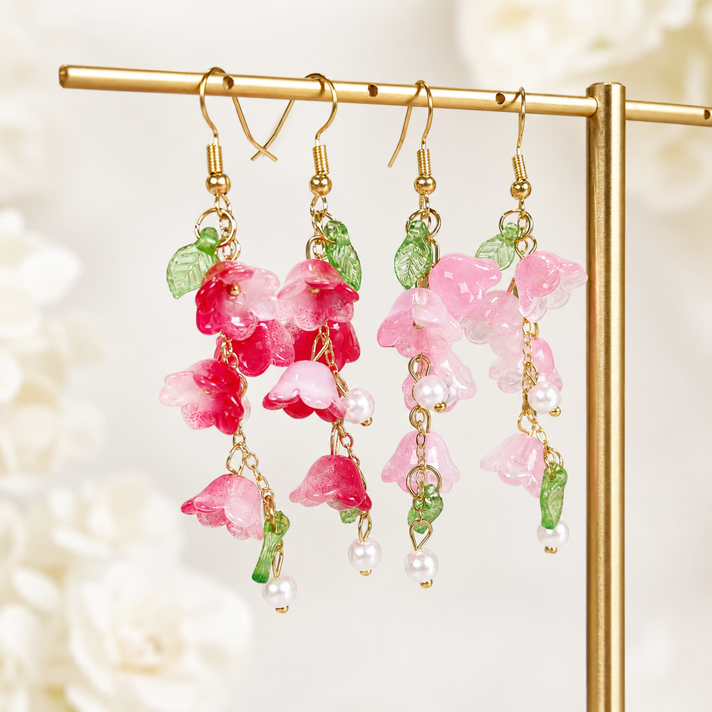 Pink & red lily of the valley dangle earrings E274