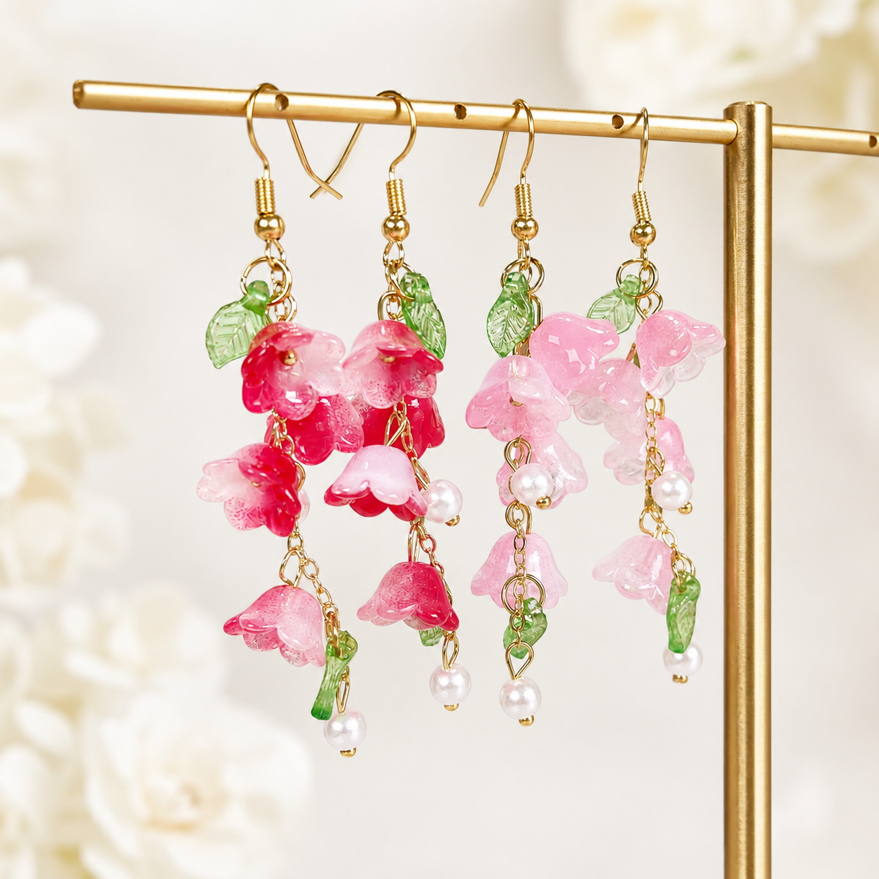 Pink & red lily of the valley dangle earrings E274