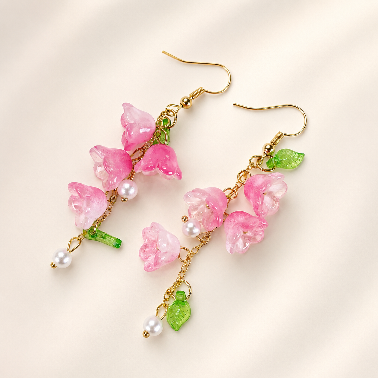 Pink & red lily of the valley dangle earrings E274