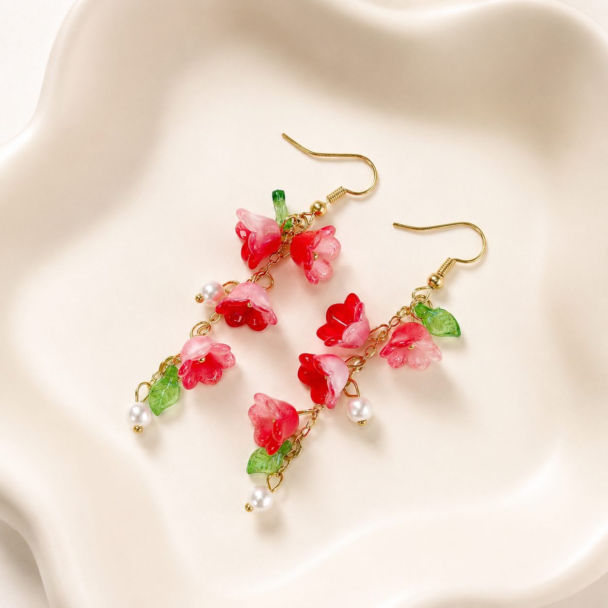 Pink & red lily of the valley dangle earrings E274