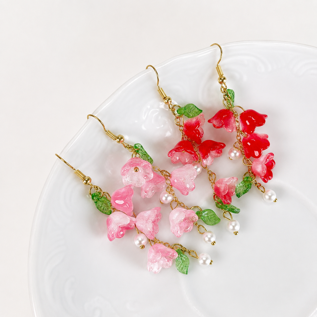 Pink & red lily of the valley dangle earrings E274