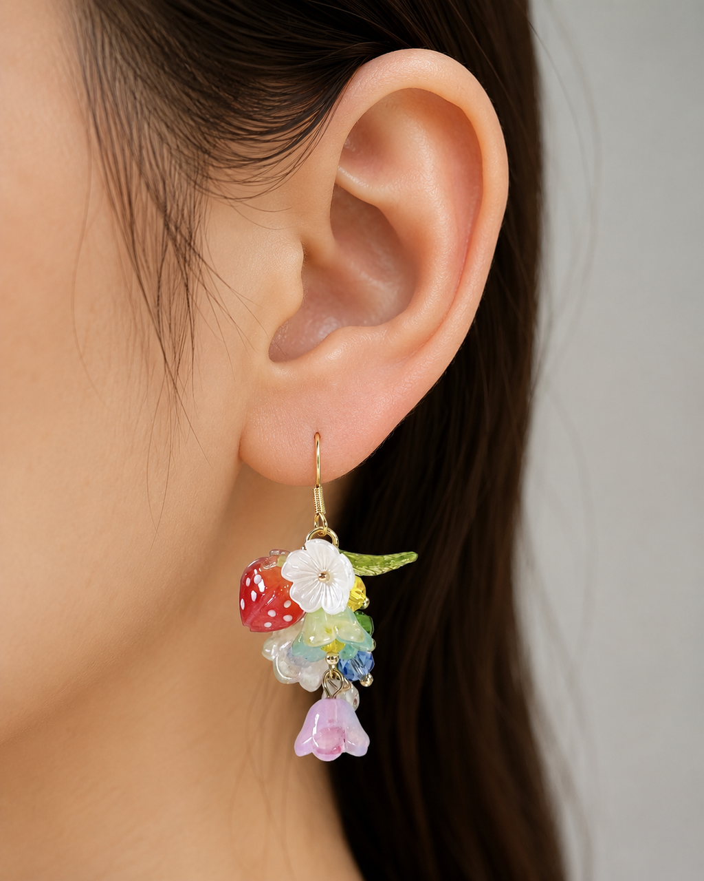 Colorful lily of the valley flower & strawberry dangle earrings E203