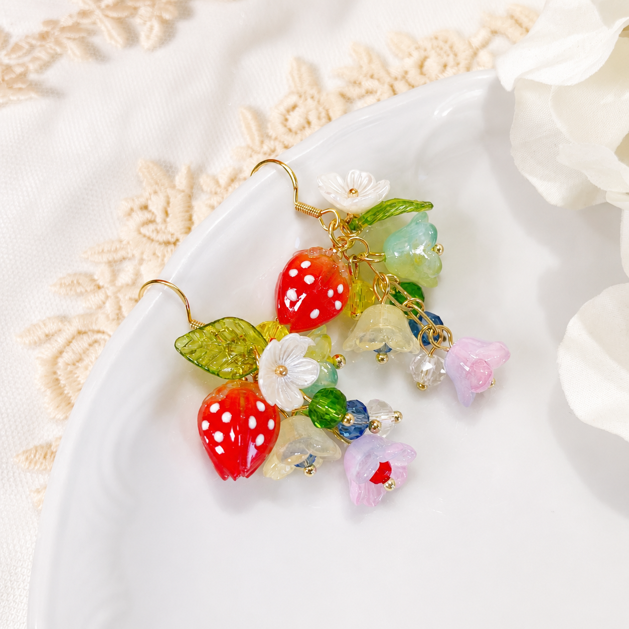 Colorful lily of the valley flower & strawberry dangle earrings E203