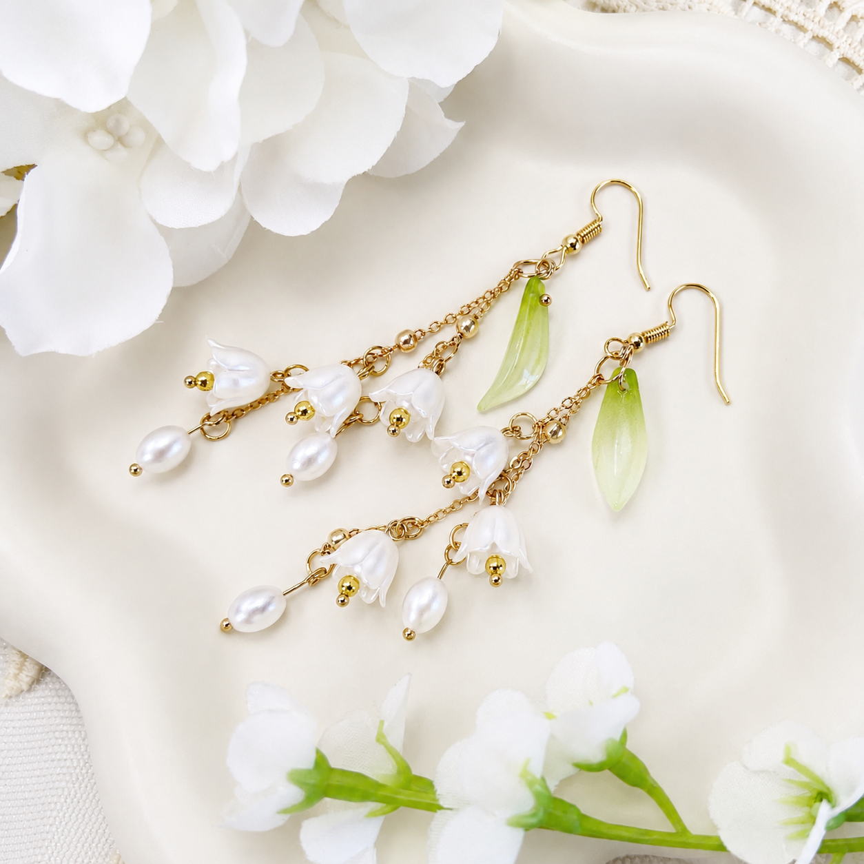 White lily of the valley flower dangle earrings E240