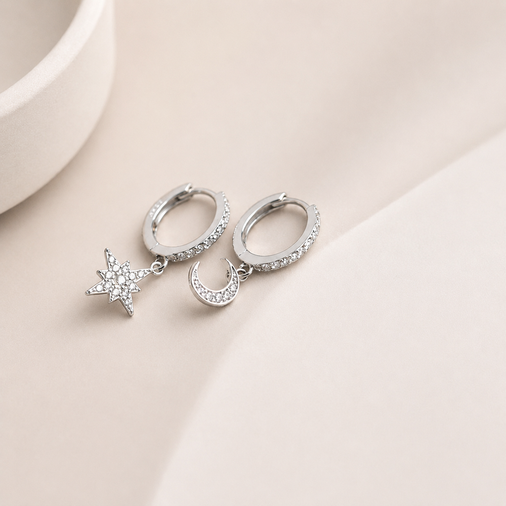 Moon star huggie dangle earrings, celestial earrings E140