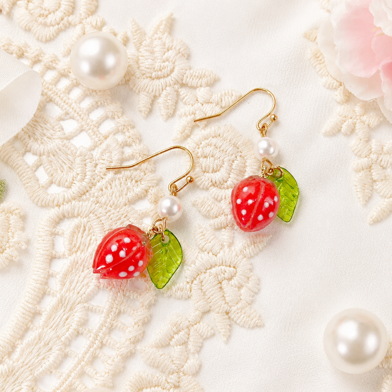 Cute Strawberry Pearl Dangle Fruit Earrings E225