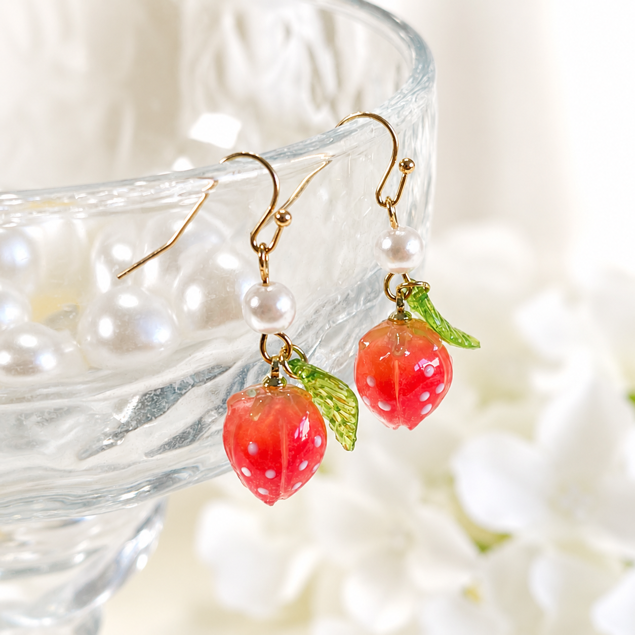 Cute Strawberry Pearl Dangle Fruit Earrings E225