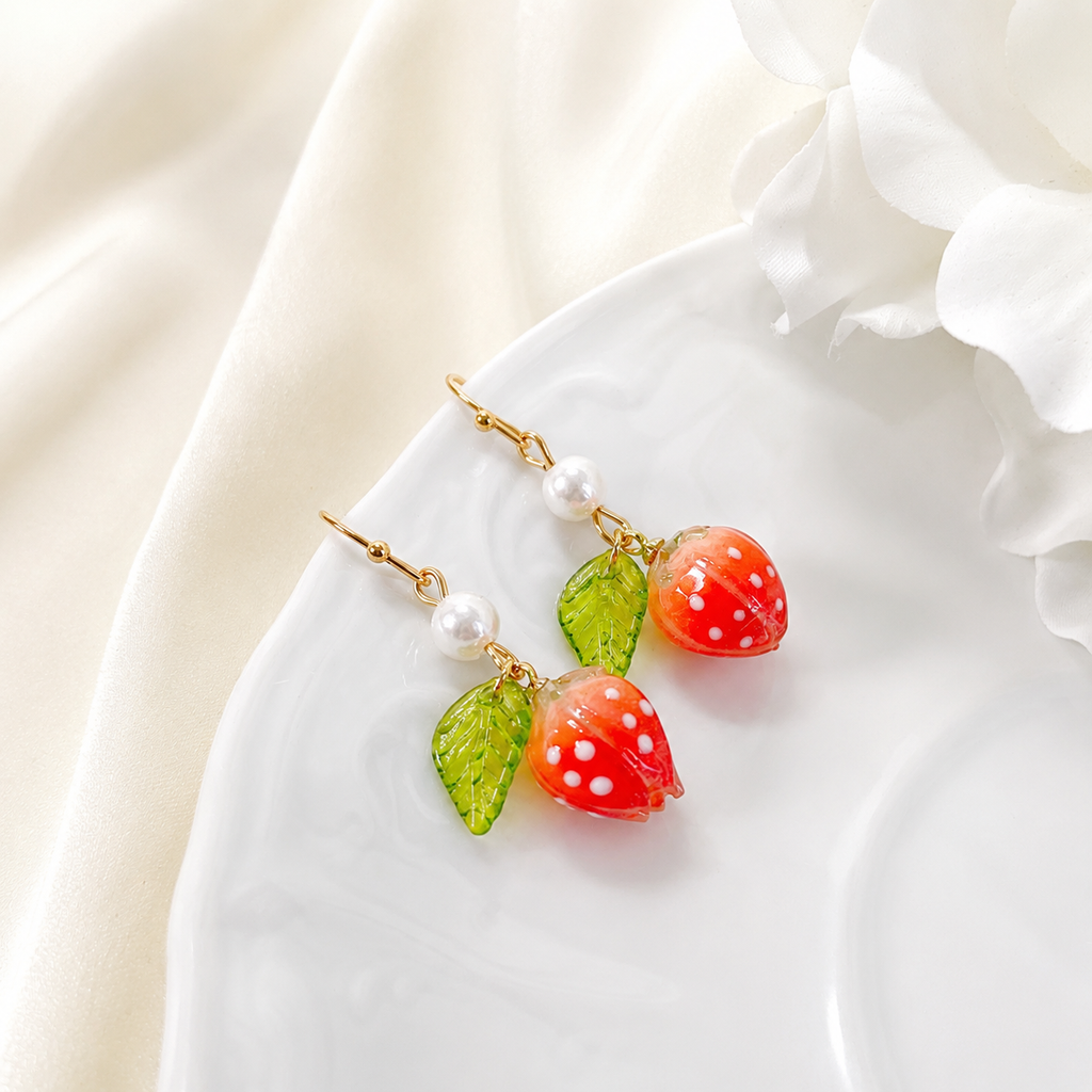 Cute Strawberry Pearl Dangle Fruit Earrings E225