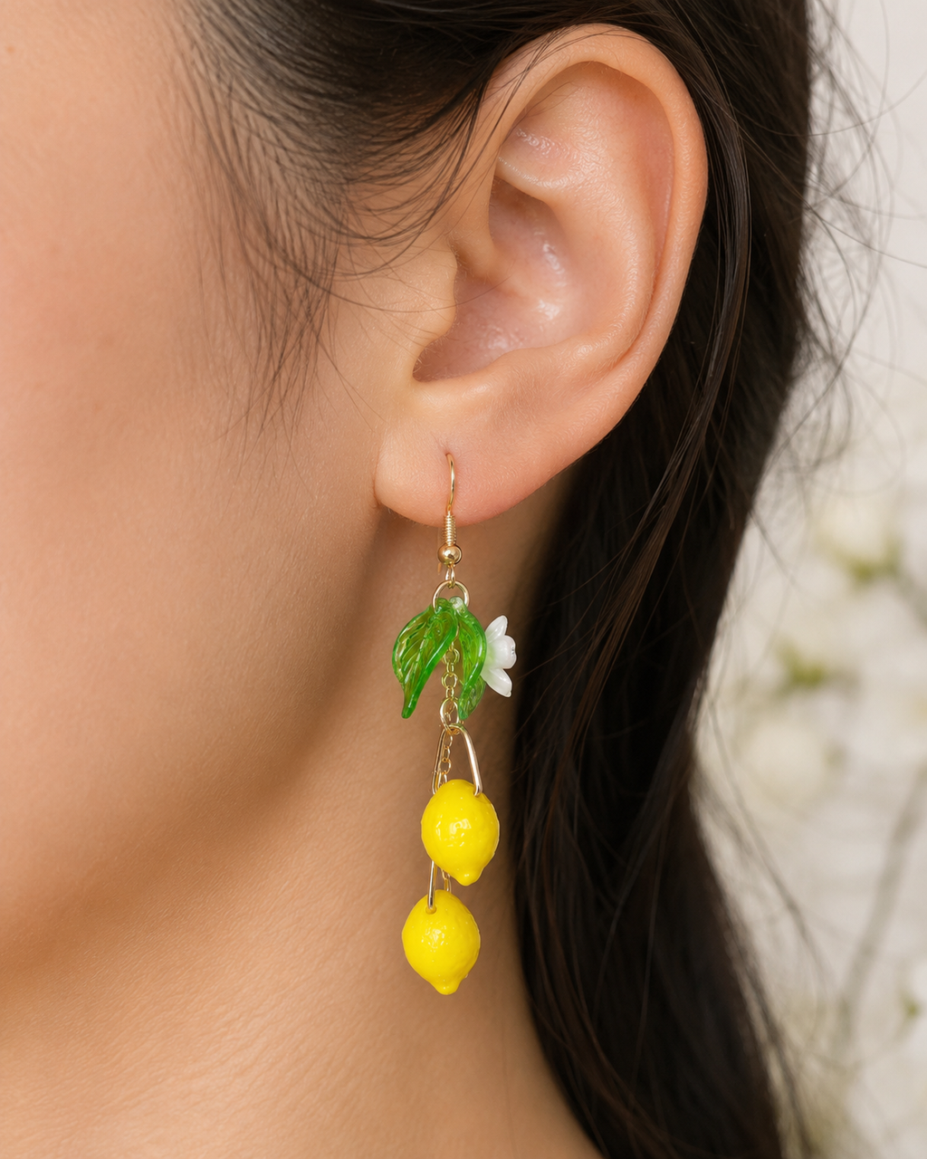 Handmade Lemon Leaf & White Flower Dangle Earrings E226