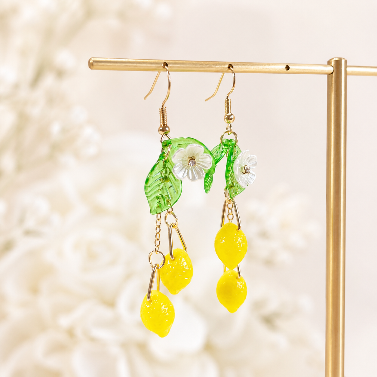 Handmade Lemon Leaf & White Flower Dangle Earrings E226