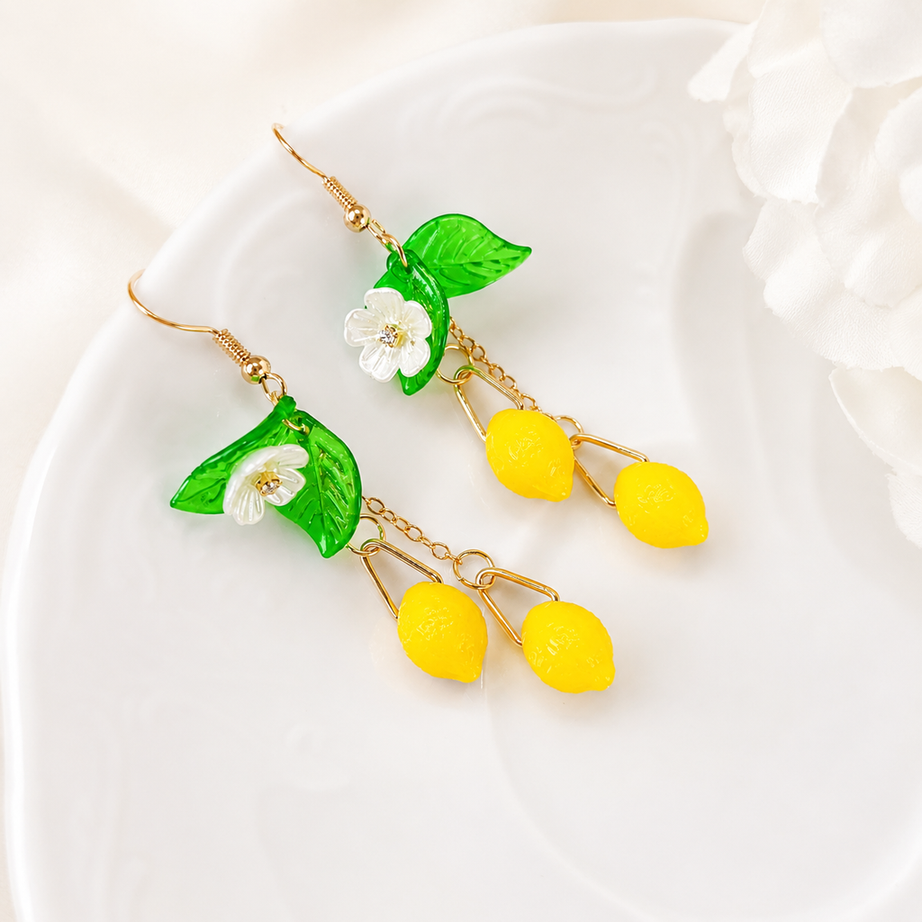 Handmade Lemon Leaf & White Flower Dangle Earrings E226