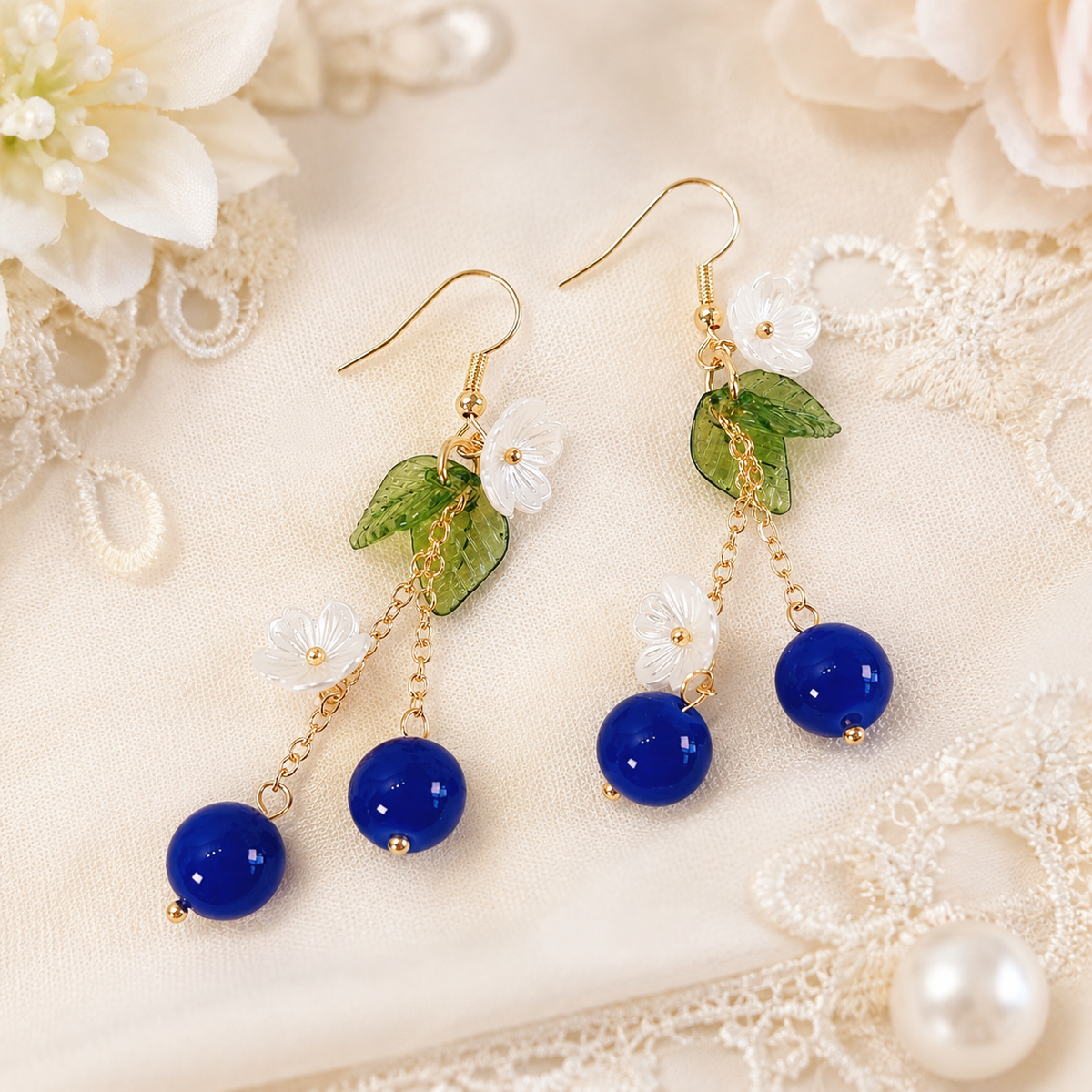Handmade Orange & Blueberry Fruit Flower Leaf Dangle Earring E227