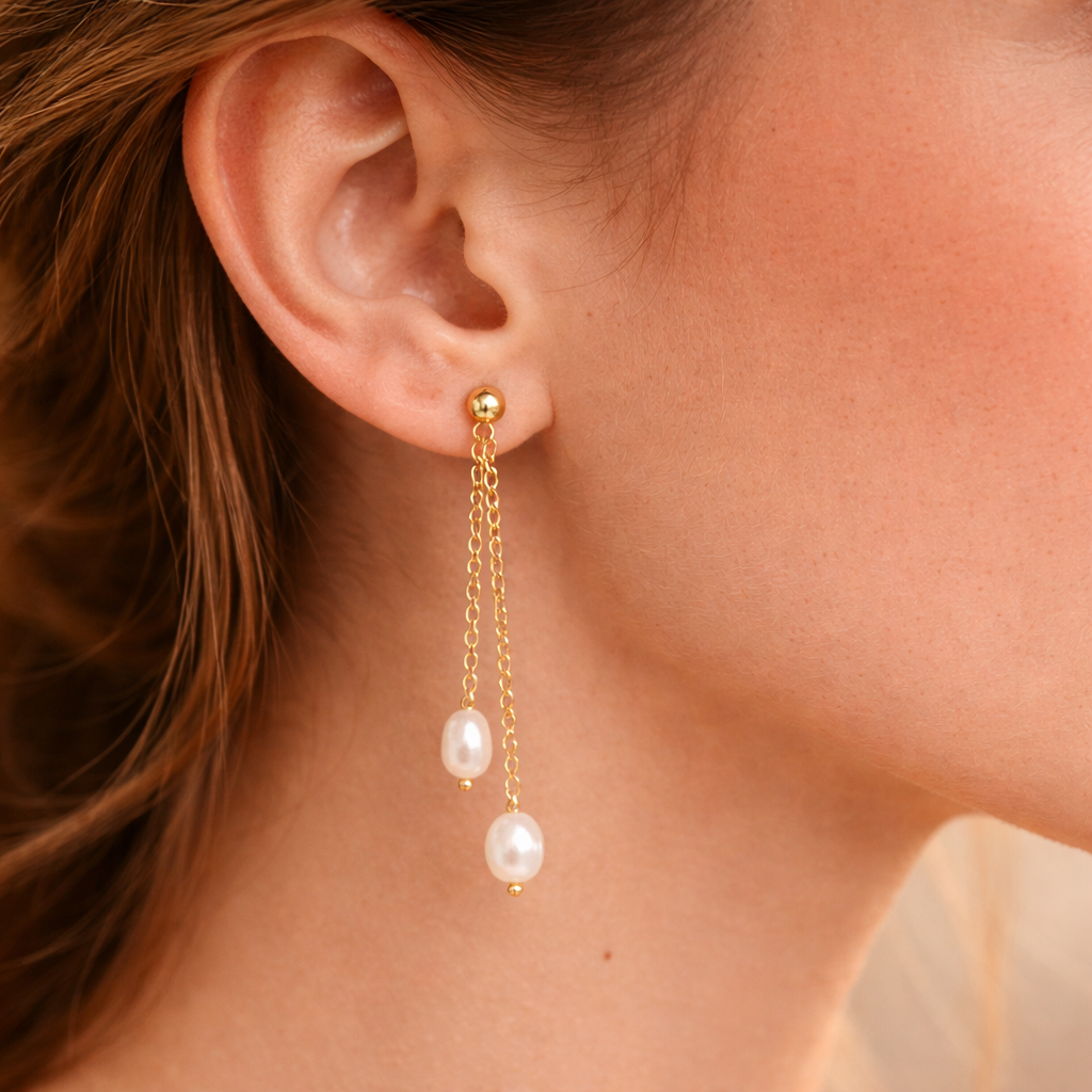 Dainty white pearl duo strand dangle earrings E244