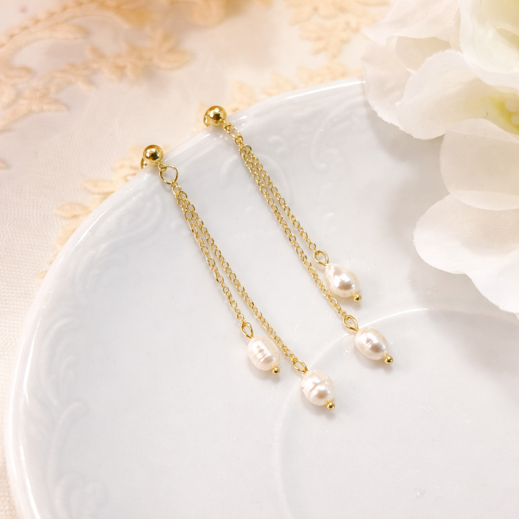 Dainty white pearl duo strand dangle earrings E244