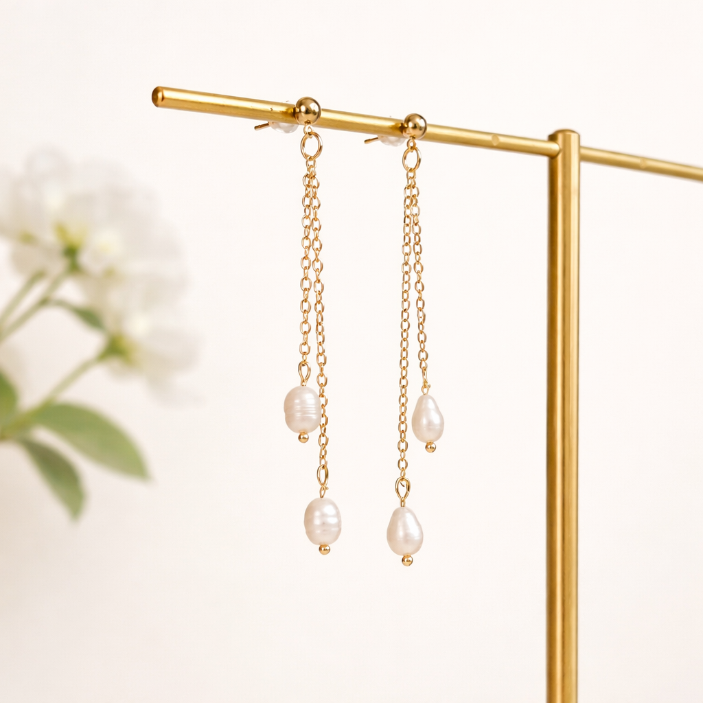 Dainty white pearl duo strand dangle earrings E244