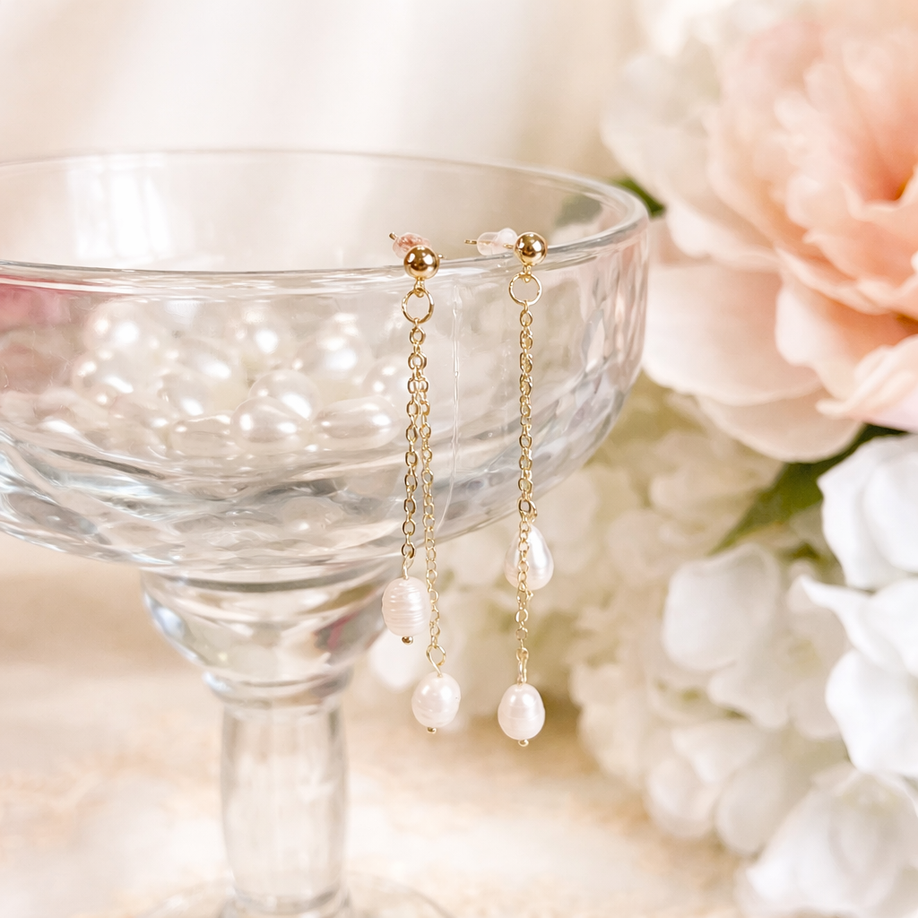 Dainty white pearl duo strand dangle earrings E244