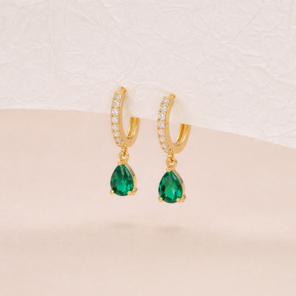 Gold Baguette Paved Huggie Hoop Dangle Earrings E019