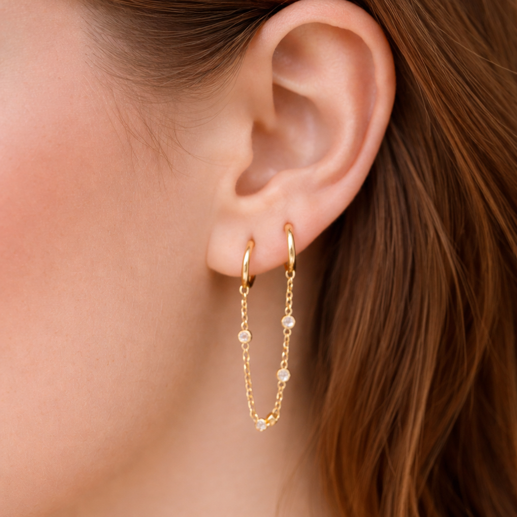 Double Huggie Hoop Chain Dangle Single Earrings E057