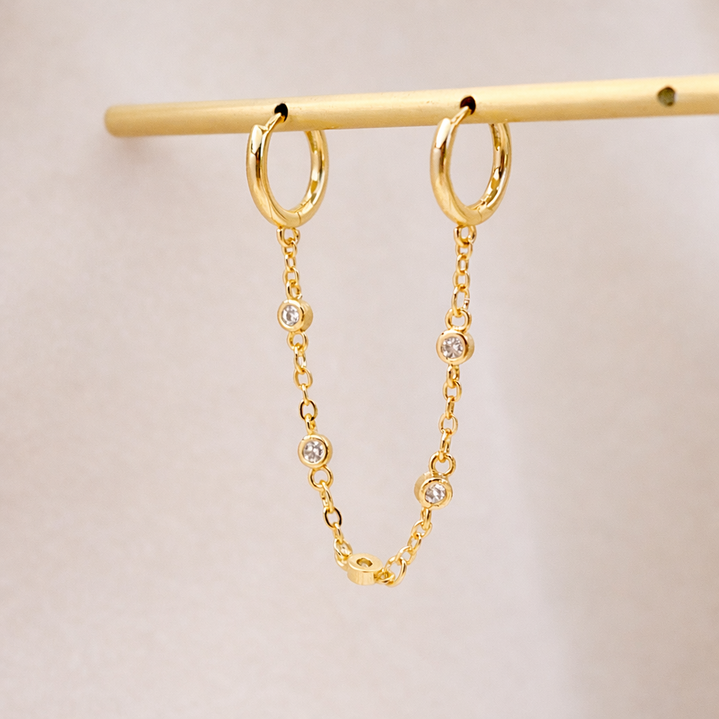 Double Huggie Hoop Chain Dangle Single Earrings E057